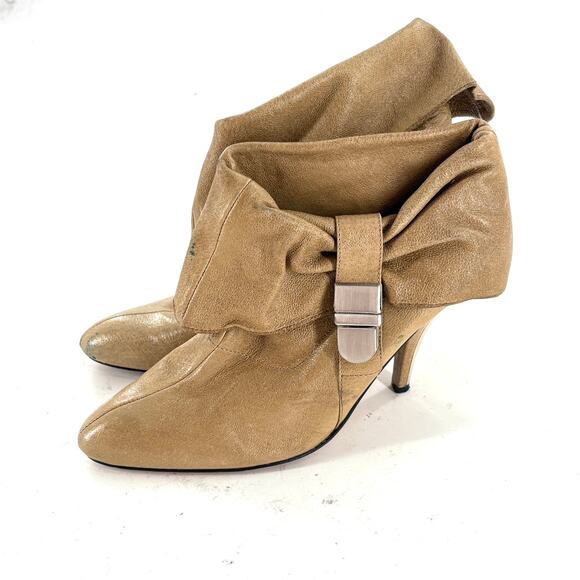 Dolce Vita Foldover Leather Booties 8.5 Tan Ankle Boots Heel Buckle Retro Glam - Picture 1 of 5